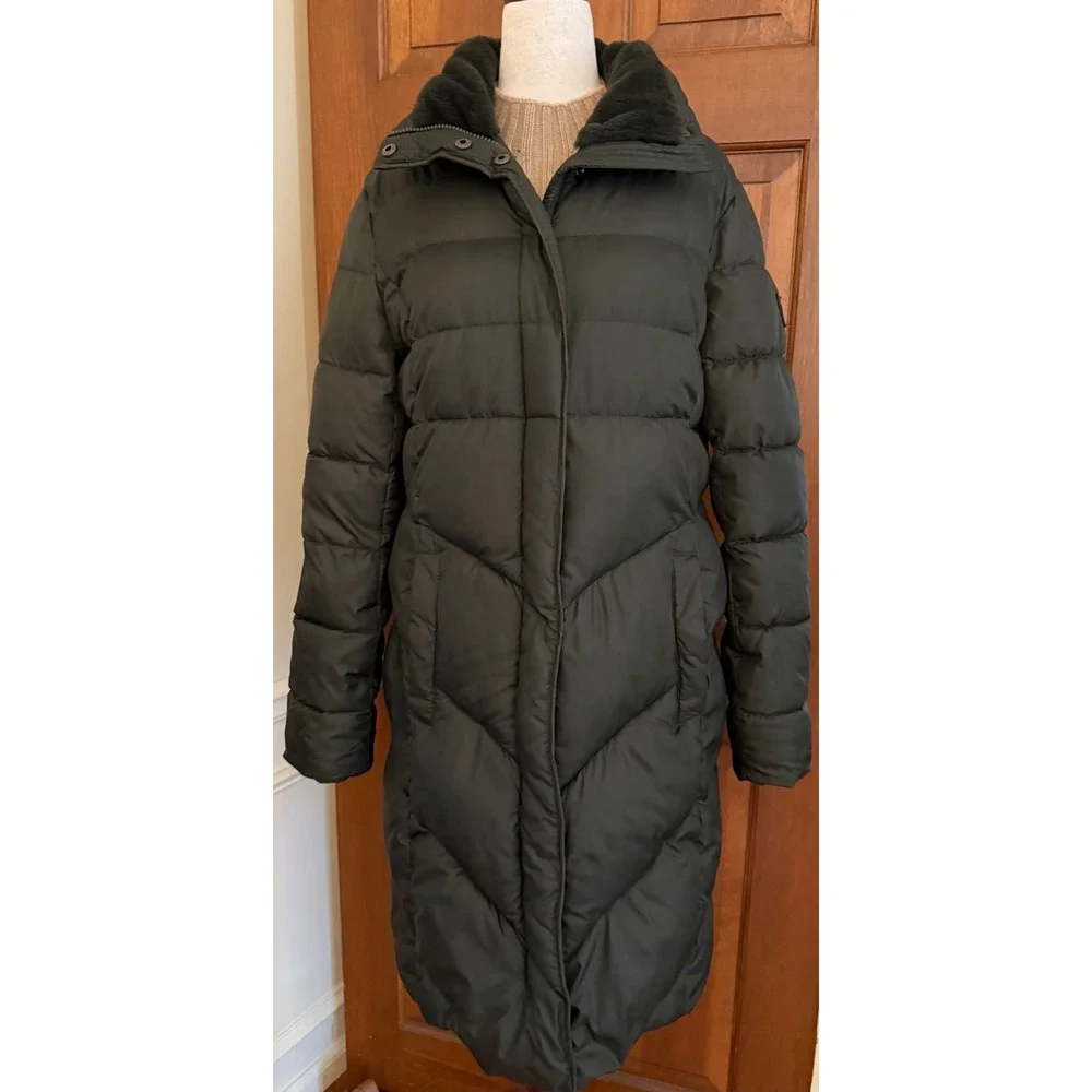 Larry Levine Faux-Fur Trimmed Parka Womens Medium Dark Green Insulated Coat‎